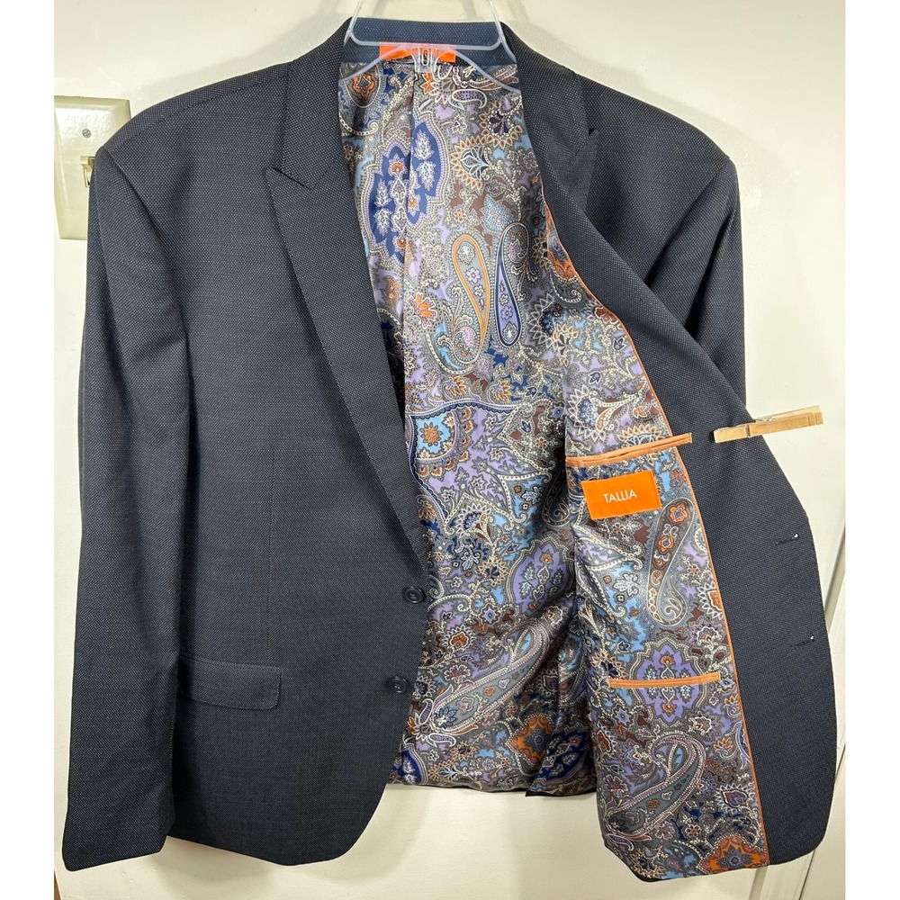 Tallia Blazer Men 46R Black Birdseye Wool Stretch Purple Paisley Lined Dandy Mod